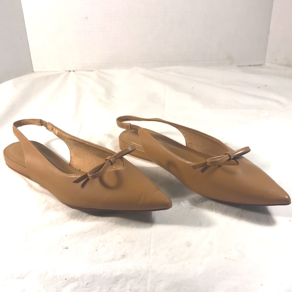 H & M Women’s Nude Brown Bow-Decorated Slingback Pointy Toe Vegan Shoes Flats